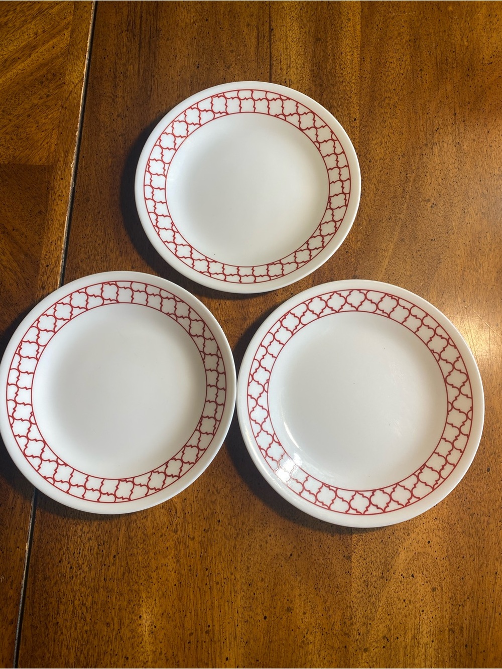 Corelle Crimson Trellis 6.75”White Plates with Red Geometric Rim - Set of 3
